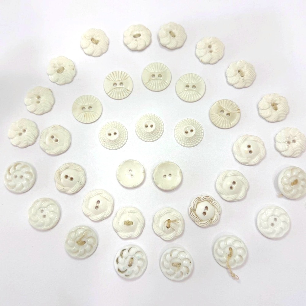 Antique Milk Glass Buttons Mixed Lot Floral Sunburst‎ Victorian White 2Hole 36pc